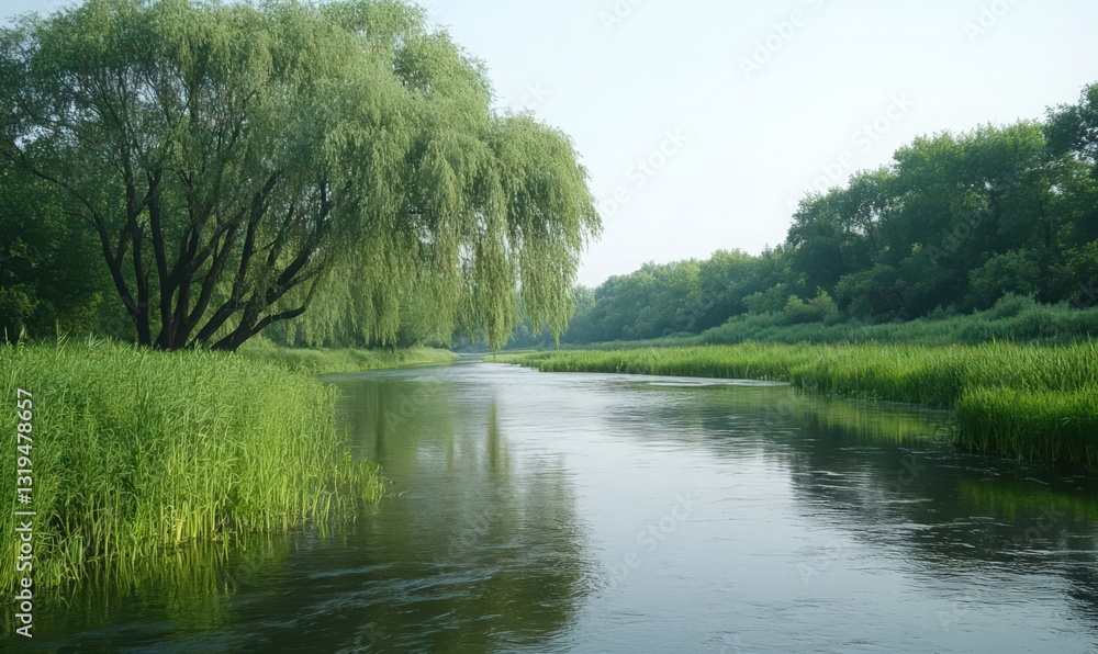 Summer River Landscape: Green Banks and Clear Sky Summer River Landscape: Green Banks and Clear Sky