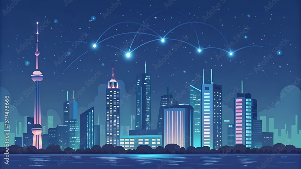 Obraz premium Futuristic Cityscape at Night with Glowing Connections: An Abstract Digital Illustration of Urban Connectivity and Modern Architecture.
