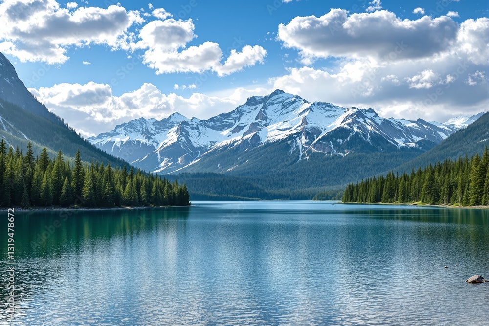 Scenic mountain lake with turquoise water, surrounded by evergreen trees and snow-capped peaks under a blue sky with white clouds. Nature landscape. Ai generative Scenic mountain lake with turquoise water, surrounded by evergreen trees and snow-capped peaks under a blue sky with white clouds. Nature landscape. Ai generative