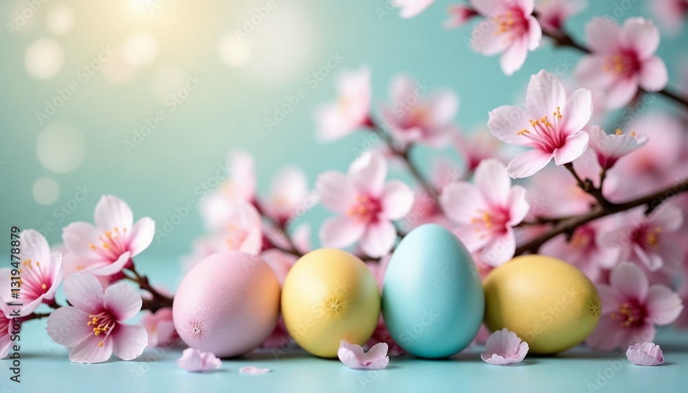 Pastel Easter eggs among sakura branches on dreamy spring scene Pastel Easter eggs among sakura branches on dreamy spring scene