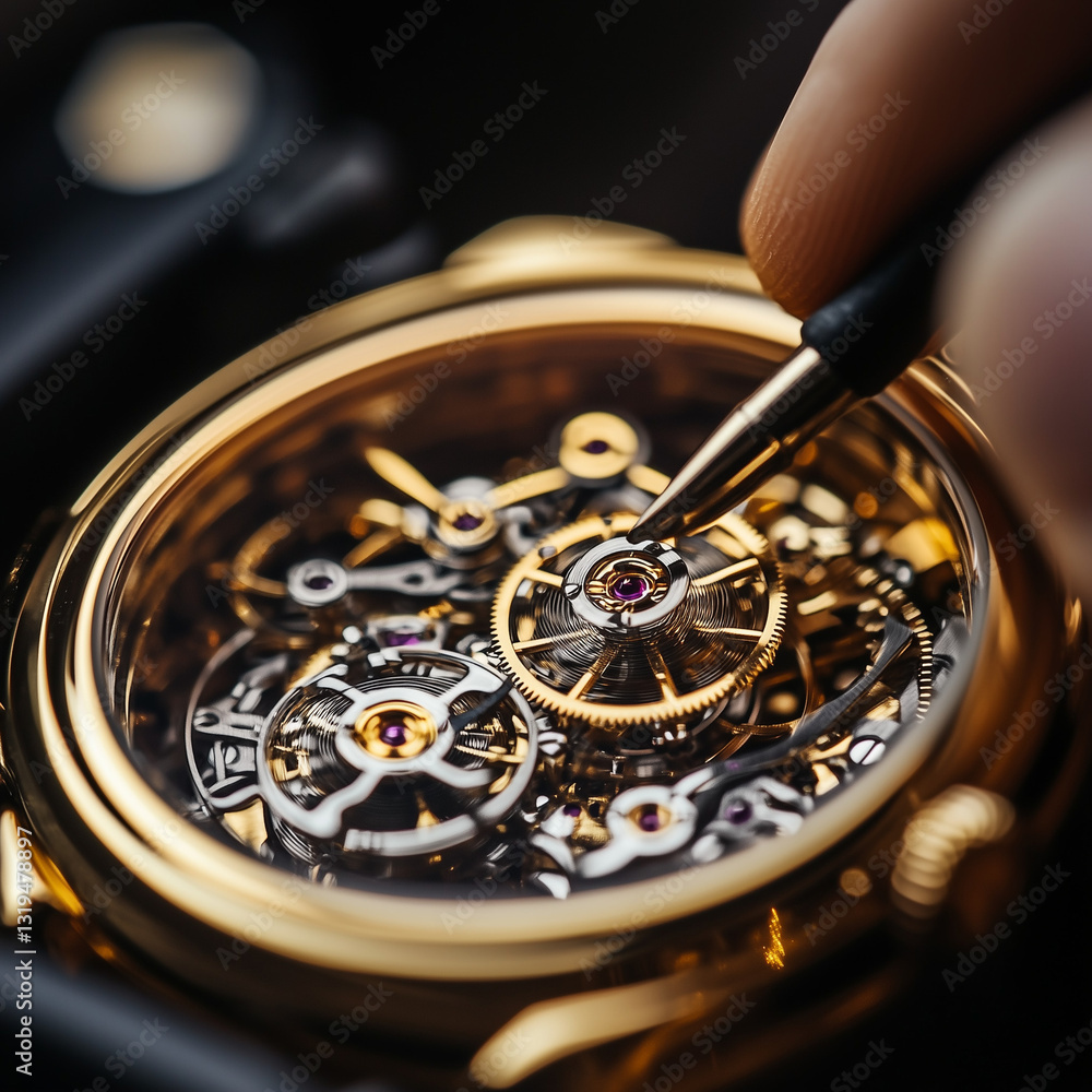 Fototapeta premium A close-up of a person delicately working on the intricate mechanics of a luxury watch, showcasing precision craftsmanship.