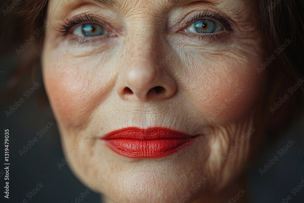 Elderly woman with striking red lipstick and captivating blue eyes displays timeless beauty Elderly woman with striking red lipstick and captivating blue eyes displays timeless beauty