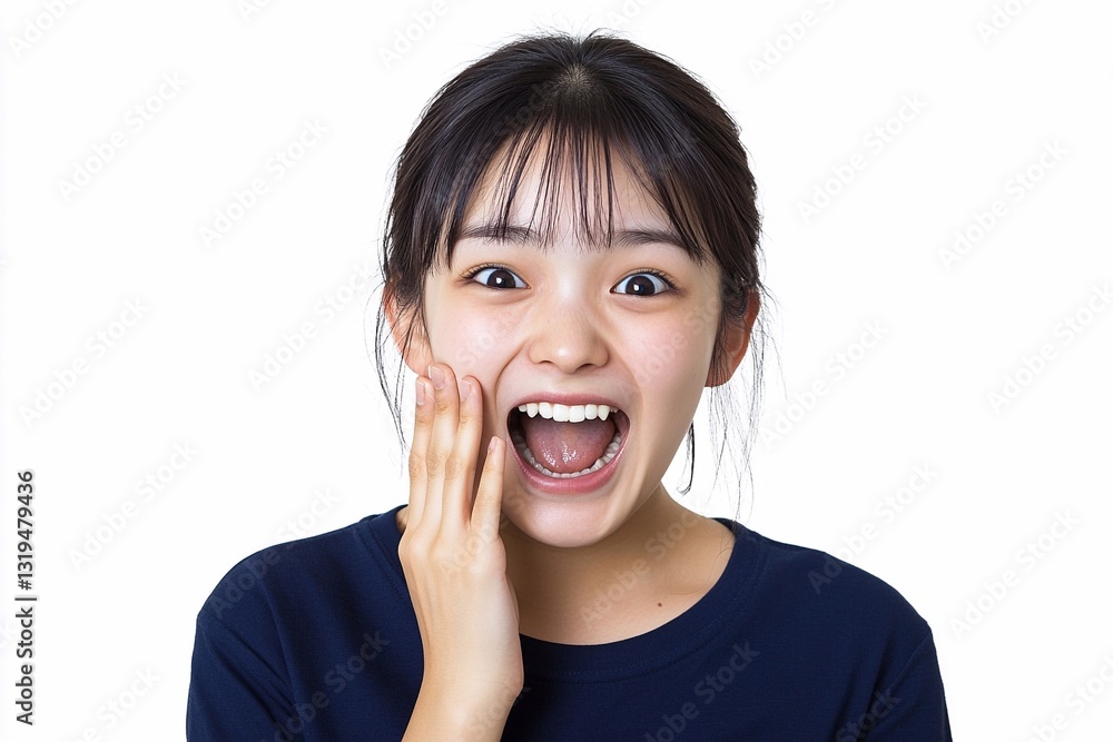 Young Asian woman expressing joy with a big smile and wide eyes Young Asian woman expressing joy with a big smile and wide eyes