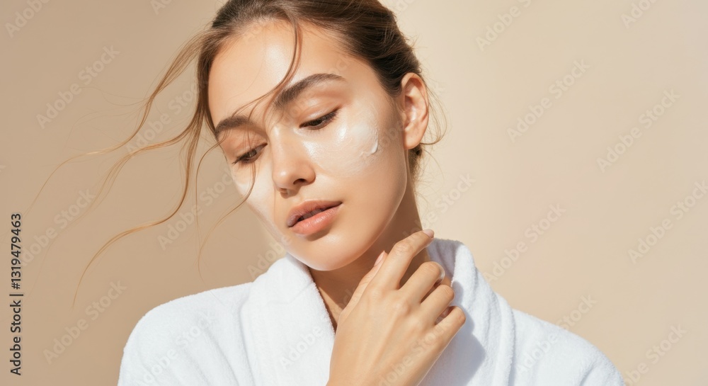Young caucasian female with skincare cream in relaxing beauty routine Young caucasian female with skincare cream in relaxing beauty routine