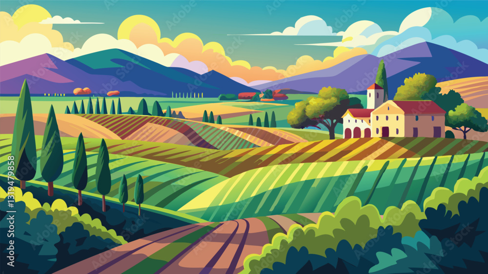 Fototapeta premium Picturesque Italian Countryside Landscape Rolling Hills Farmland House