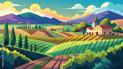 Picturesque Italian Countryside Landscape Rolling Hills Farmland House
