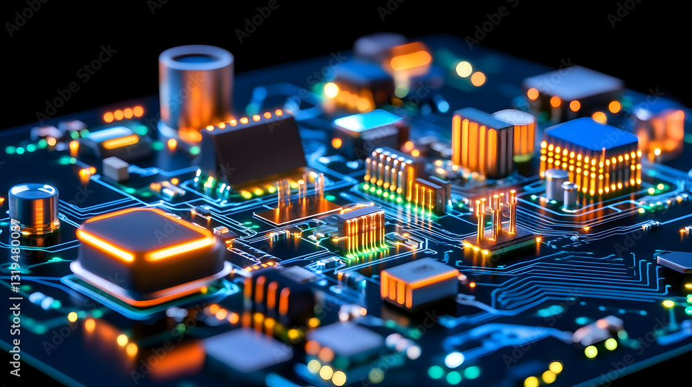 Obraz premium Close-up view of complex circuit board with glowing components