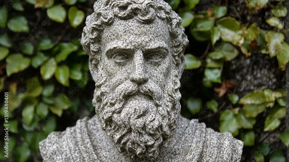 Historic bust of a philosopher surrounded by greenery in an outdoor setting during the day Historic bust of a philosopher surrounded by greenery in an outdoor setting during the day