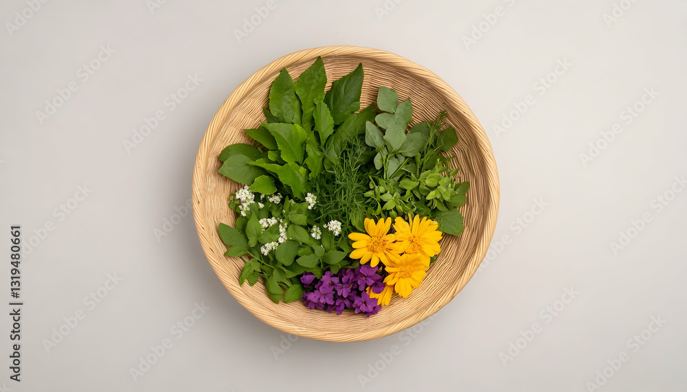 Colorful array of fresh herbs and flowers in a wooden bowl Colorful array of fresh herbs and flowers in a wooden bowl