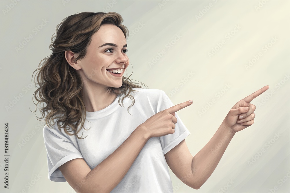 smiling young woman in white t-shirt pointing right smiling young woman in white t-shirt pointing right