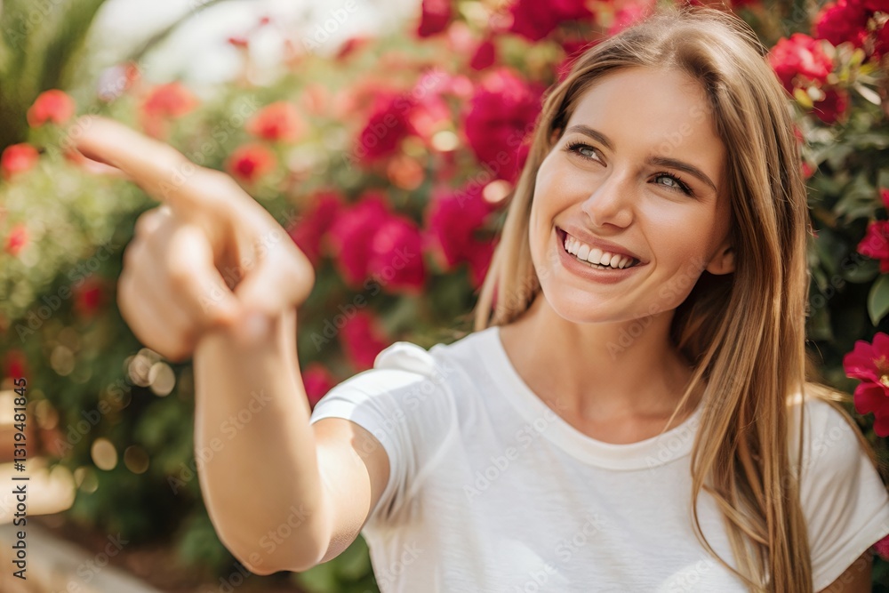 smiling young woman in white t-shirt pointing right smiling young woman in white t-shirt pointing right