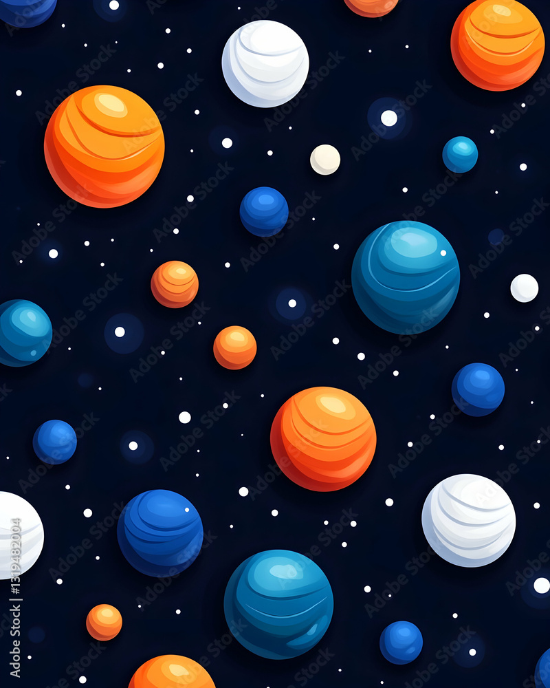Colorful space planets pattern, scattered on dark night sky Colorful space planets pattern, scattered on dark night sky
