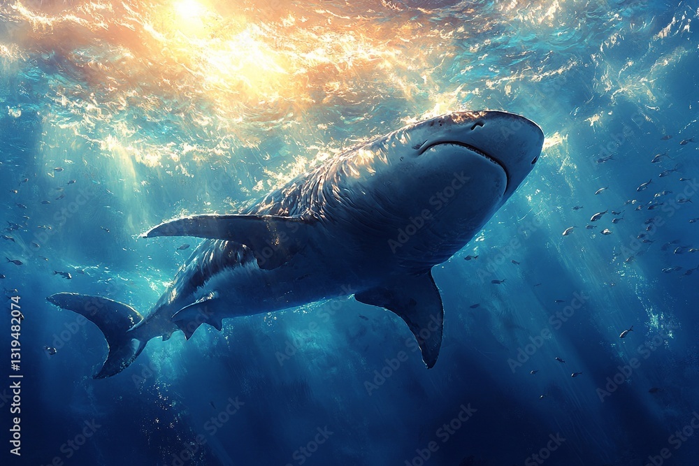 Fototapeta premium Majestic shark gliding through tranquil ocean depths with rays of sunlight