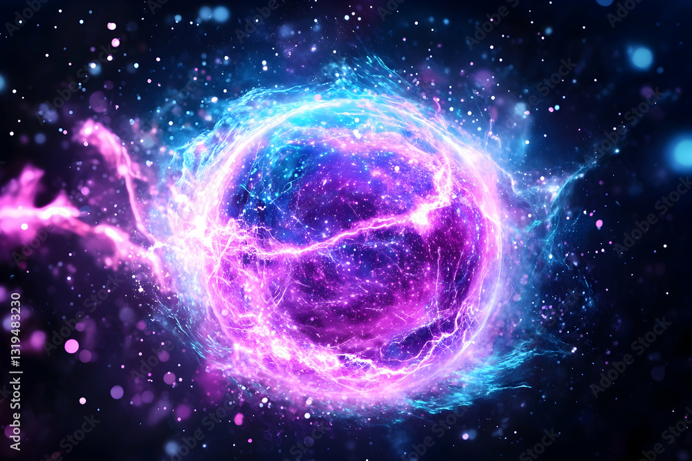 Obraz premium Glowing sphere with purple and blue energy cosmic dust
