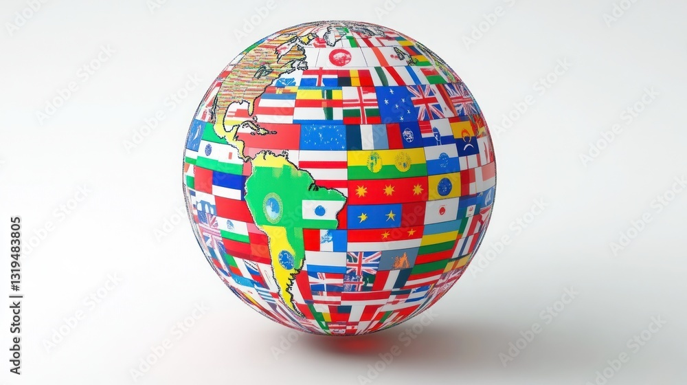 Globe decorated with flags of different countries sitting on a white surface with white background Globe decorated with flags of different countries sitting on a white surface with white background