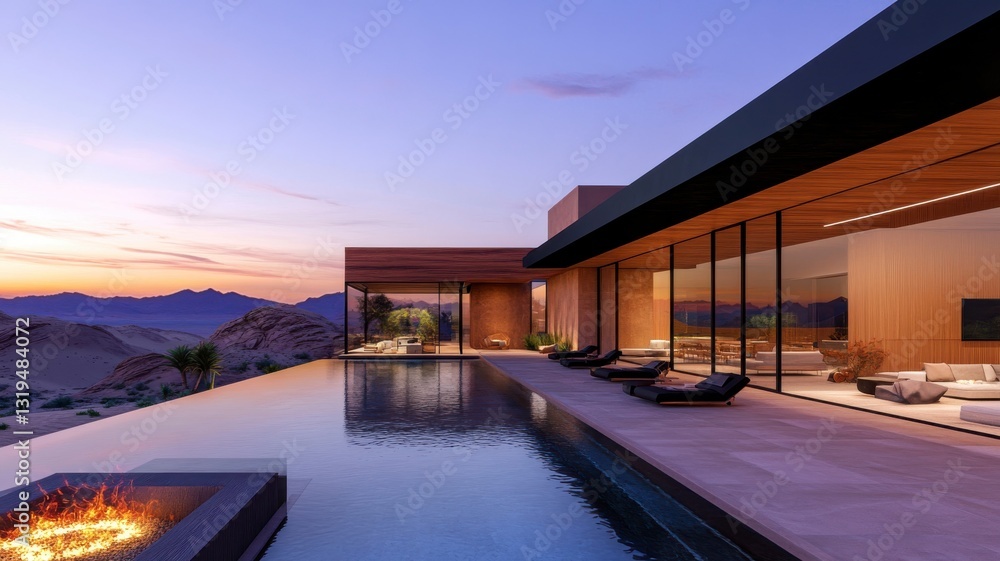 Fototapeta premium High-End, Serene,Breathtaking concept Modern luxury home with an infinity pool and stunning sunset views over the mountains.