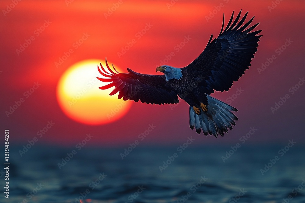 Obraz premium Eagle soaring against a vibrant sunset with golden hues lighting the sky