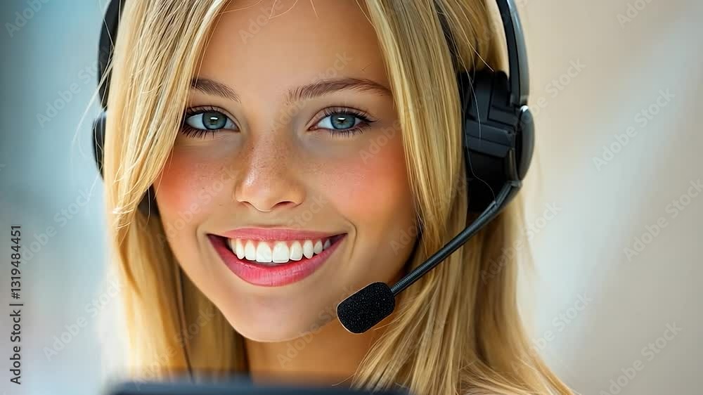 Smiling Blonde Woman with Headset: Customer Service Smiling Blonde Woman with Headset: Customer Service