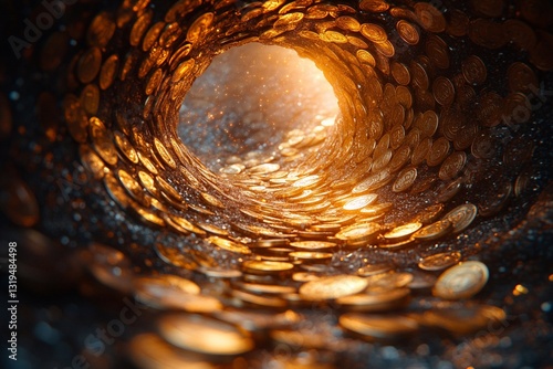Wallpaper Mural Gold coins flowing through a tunnel creating a magical glow in the darkness Torontodigital.ca