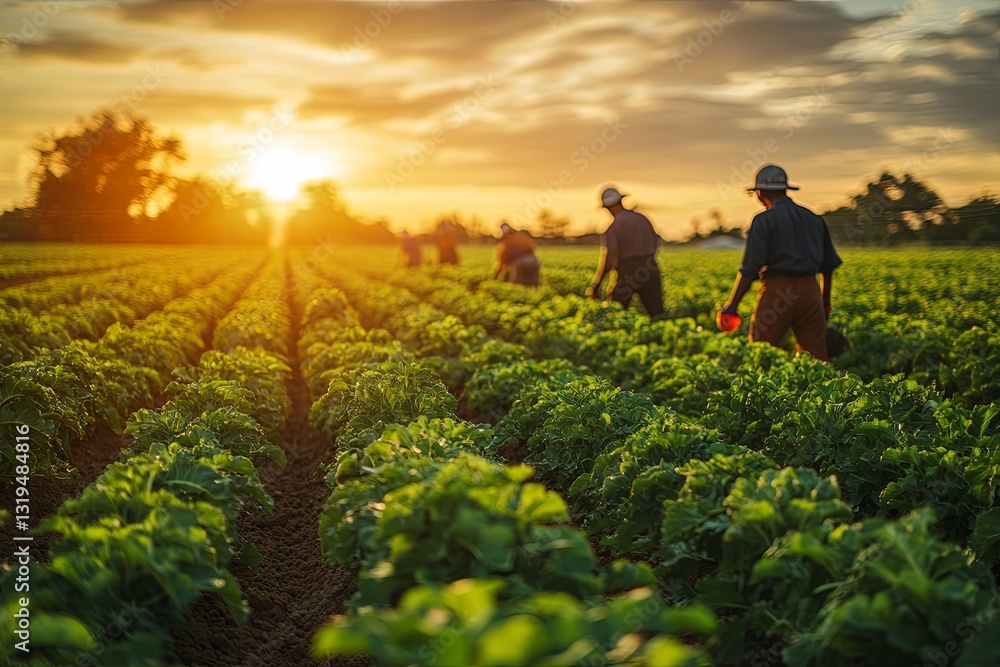 Workers are harvesting crops in a field during a golden sunset Workers are harvesting crops in a field during a golden sunset