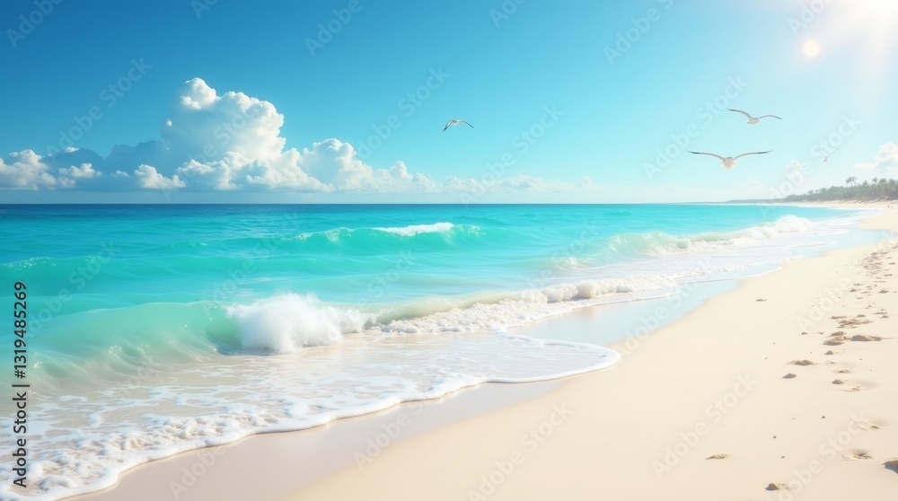A serene beach landscape with crystal-clear turquoise waters, gentle waves, and flying seagulls under a bright sky. Perfect for travel, nature, and relaxation themes. A serene beach landscape with crystal-clear turquoise waters, gentle waves, and flying seagulls under a bright sky. Perfect for travel, nature, and relaxation themes.