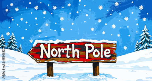 Charming Vector Illustration of North Pole Sign on a Snowy Winter Background, with Copy Space