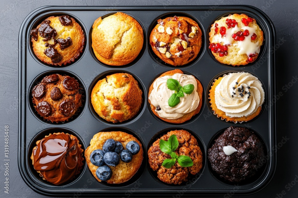 Assorted muffin tin breakfast delights in a modern kitchen setting bright daylight flat lay presentation Assorted muffin tin breakfast delights in a modern kitchen setting bright daylight flat lay presentation