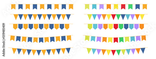 Multicolored bright buntings garlands isolated on white background. Design elements for decoration of greetings cards, invitations.