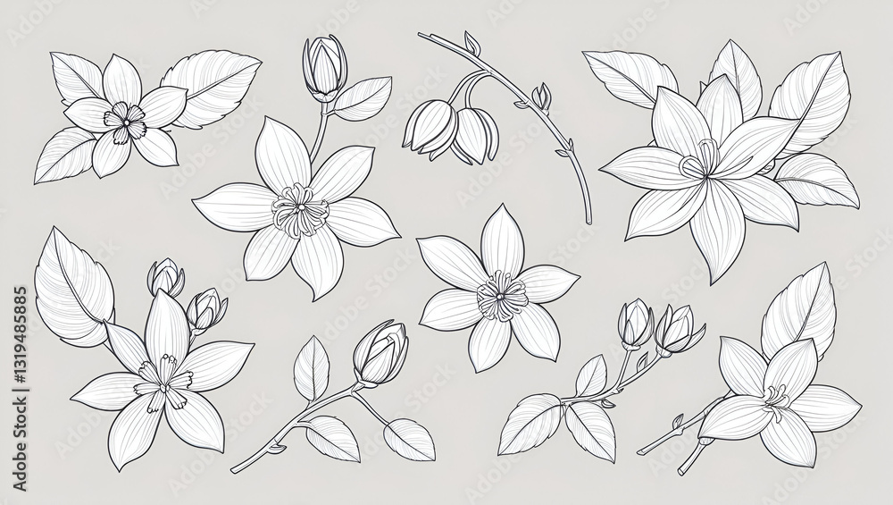 Obraz premium Minimalist line art of Jasmine flowers, buds, and foliage in a detailed vector set. Ornate botanical elements in black outline on a white background, ideal for floral patterns, greeting cards, and adu