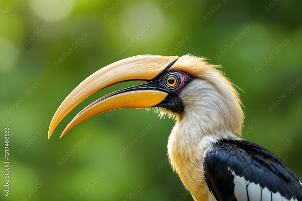Fototapeta premium Great hornbill with a large curved beak and striking plumage on a soft green background. A creative and detailed close-up of exotic wildlife. Ai generative