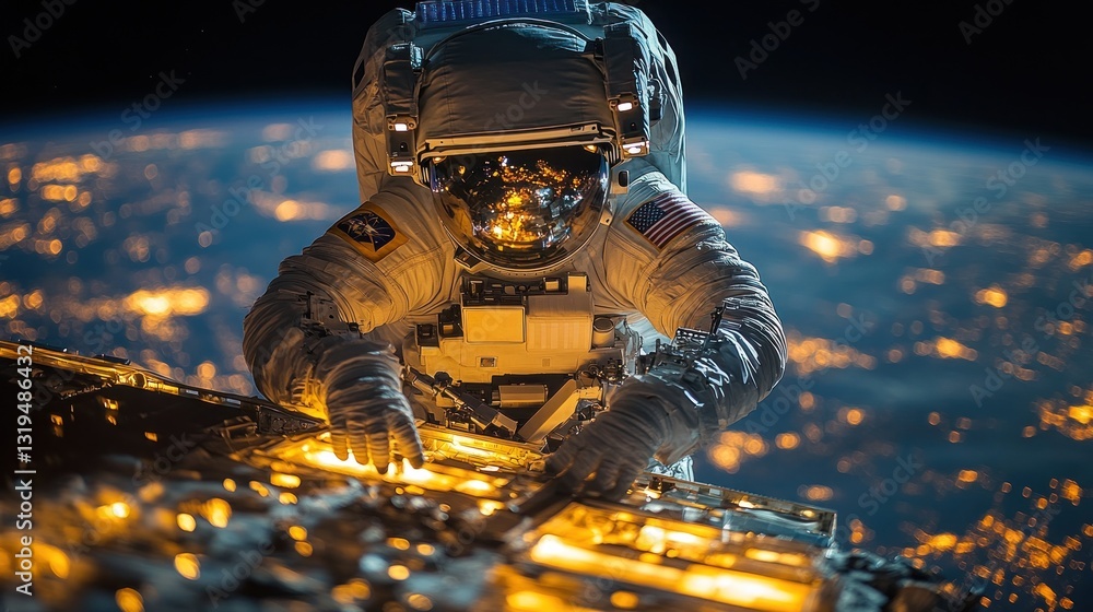 Astronaut working outside the space station, glowing lights
