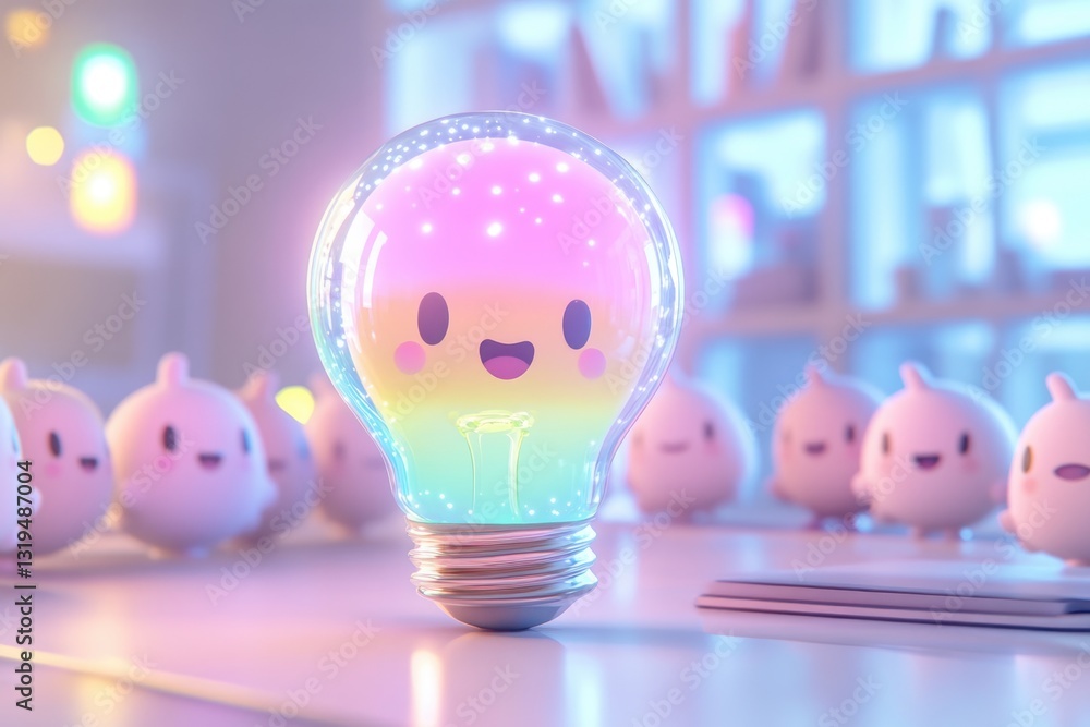 Obraz premium A cute, rainbow-colored lightbulb character smiles, surrounded by smaller, friendly ghost figures in a pastel-toned room.