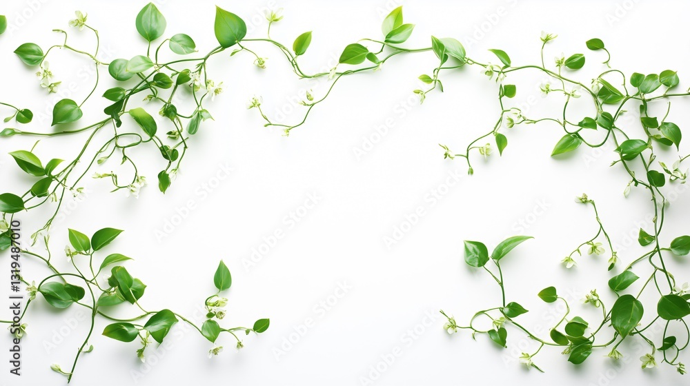 Green Vines and White Flowers Frame on White Background Green Vines and White Flowers Frame on White Background