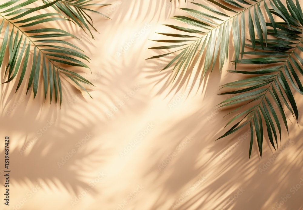 Lush Green Palm Leaves Casting Shadows on Soft Beige Background for Tropical or Nature Inspired Decor and Design Lush Green Palm Leaves Casting Shadows on Soft Beige Background for Tropical or Nature Inspired Decor and Design