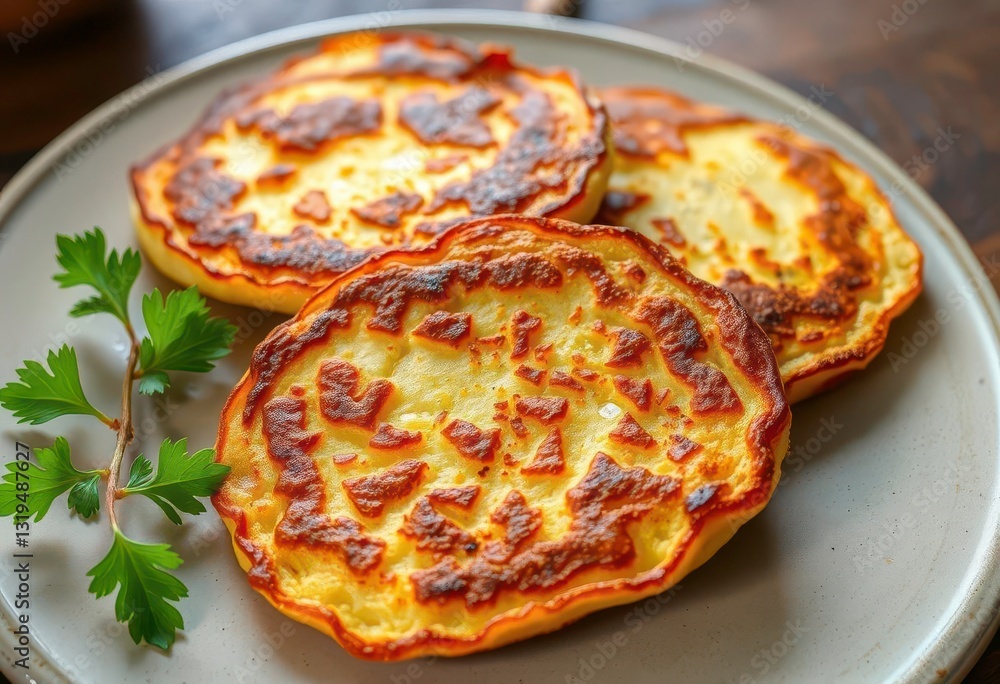 Golden brown potato pancakes, crispy edges, rustic setting, side dish, delicious Golden brown potato pancakes, crispy edges, rustic setting, side dish, delicious