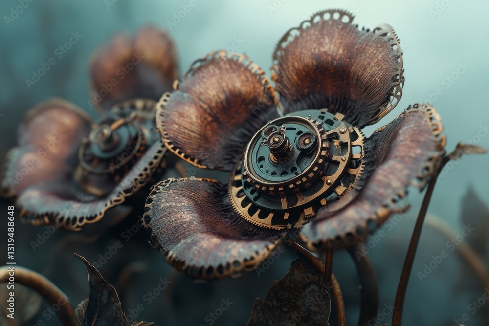 Naklejka premium Steampunk Flowers Intricate Gears Clockwork Bronze Petals Mechanical Engineering Fantasy