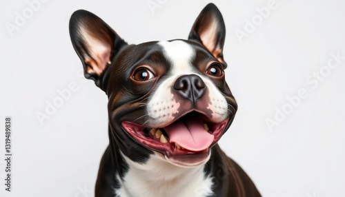 Happy Boston Terrier portrait, studio shot, smiling, isolated on solid background, eyes, background