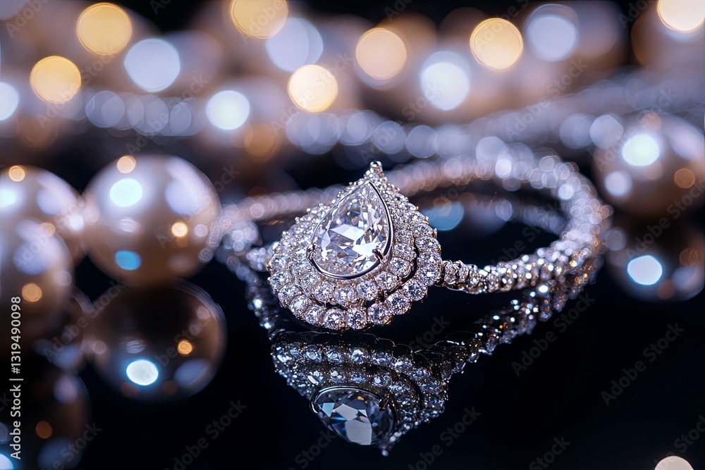 An elegant diamond necklace rests on a reflective black surface An elegant diamond necklace rests on a reflective black surface