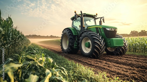 New green tractor creates fresh tracks in sunlit cornfield during bright morning