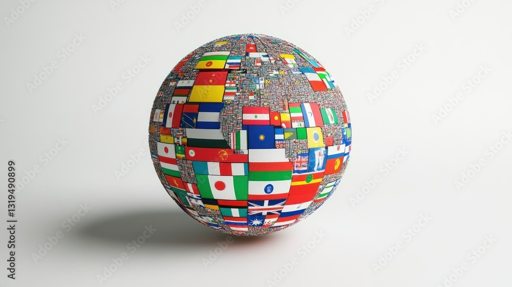 Flags cover globe on neutral studio backdrop. Nations united as one world. Colorful, creative Flags cover globe on neutral studio backdrop. Nations united as one world. Colorful, creative