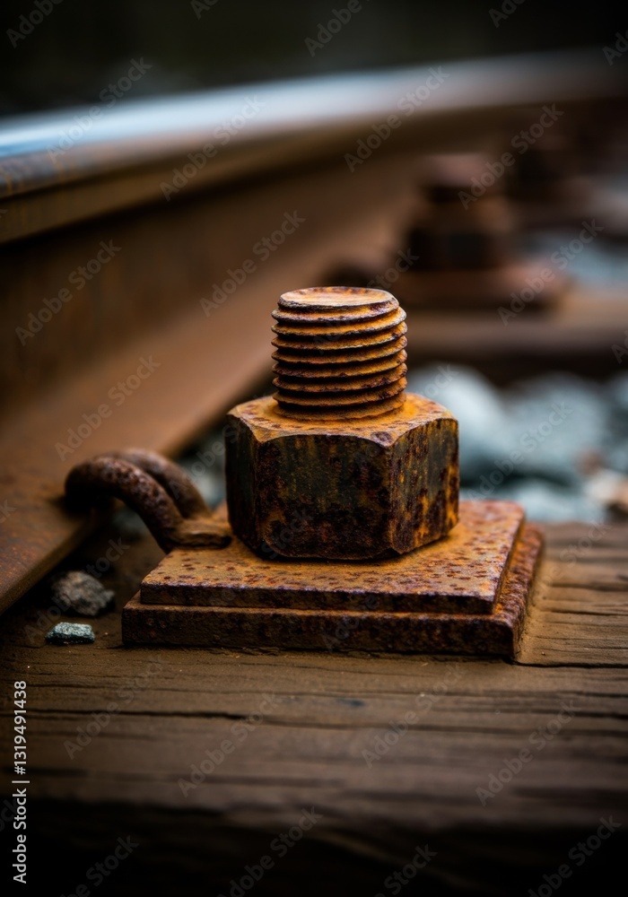 Rusty bolt on railroad track with weathered wood and gravel Rusty bolt on railroad track with weathered wood and gravel