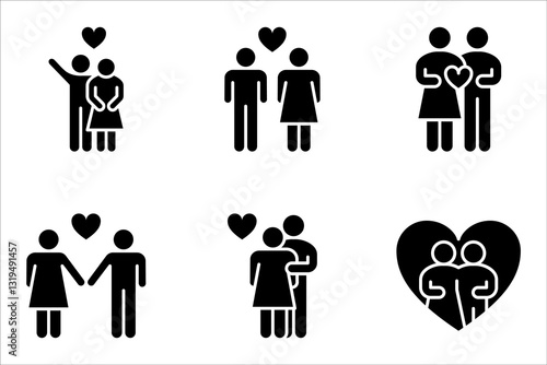 Man and woman icon set, Wedding ceremony, Bride and groom line black vector illustration on white background