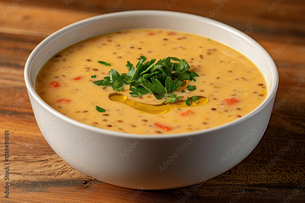 bowl of golden lentil soup garnished with fresh parsley and olive oil, perfect for cozy meal bowl of golden lentil soup garnished with fresh parsley and olive oil, perfect for cozy meal