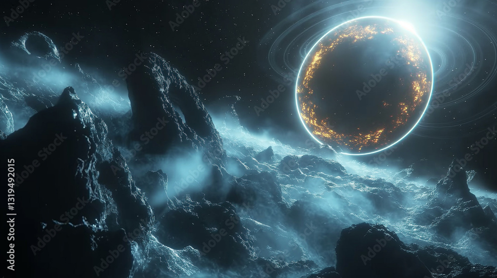 Fototapeta premium Alien Planet Landscape with Glowing Ringed Planet and Rocky Terrain