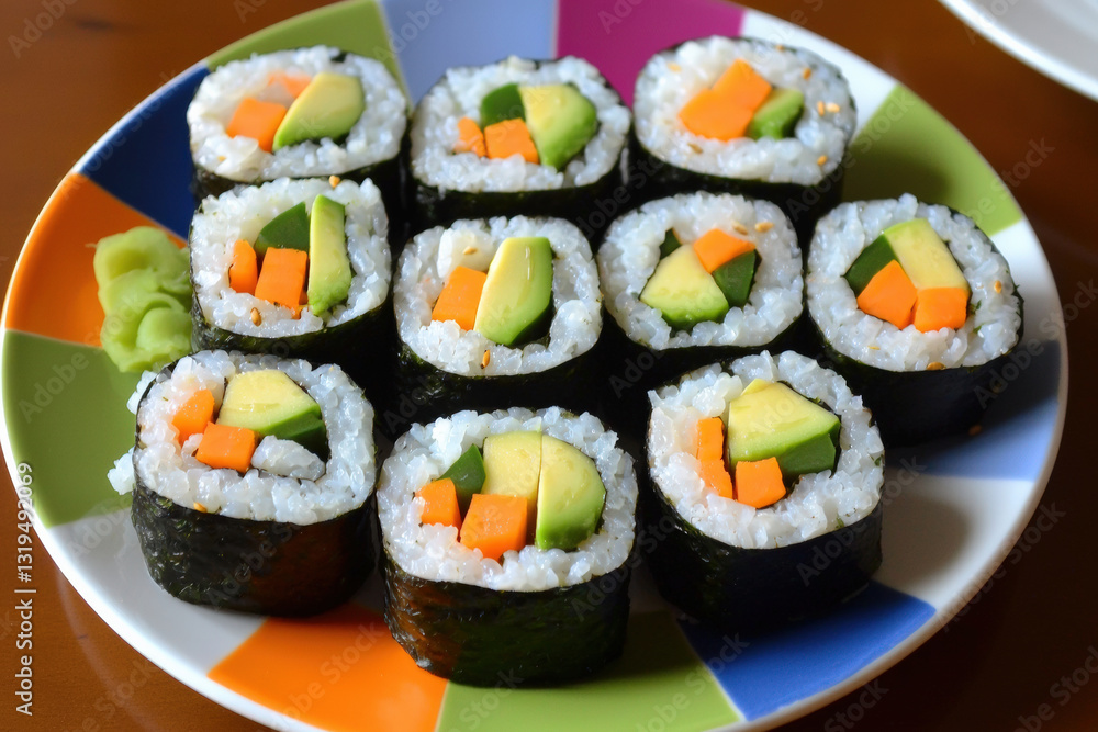 Colorful plate of vegetable sushi rolls with avocado and carrots, garnished with wasabi Colorful plate of vegetable sushi rolls with avocado and carrots, garnished with wasabi
