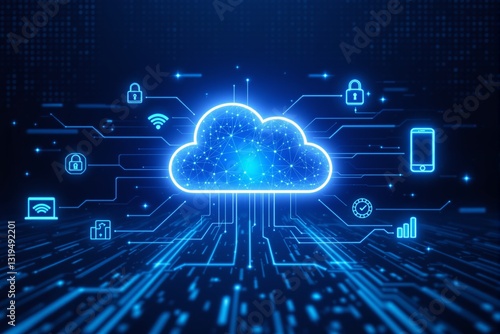 Glowing cloud computing icon with digital connections on futuristic dark background. Cybersecurity, data storage, and network concept. Ai generative
