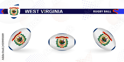 Rugby ball set with the flag of West Virginia in various angles on abstract background.