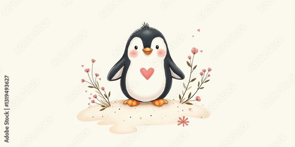 Naklejka premium cute penguin standing with flowers