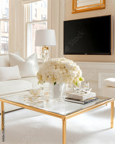 Luxurious white living room with gold accents.  A sophisticated space with a large TV, a lavish centerpiece, and a polished coffee table