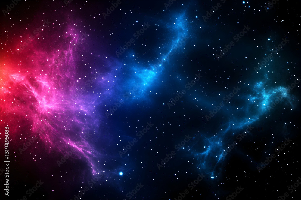 Naklejka premium Cosmic nebulae swirling in vibrant hues of pink and blue against a dark starry expanse